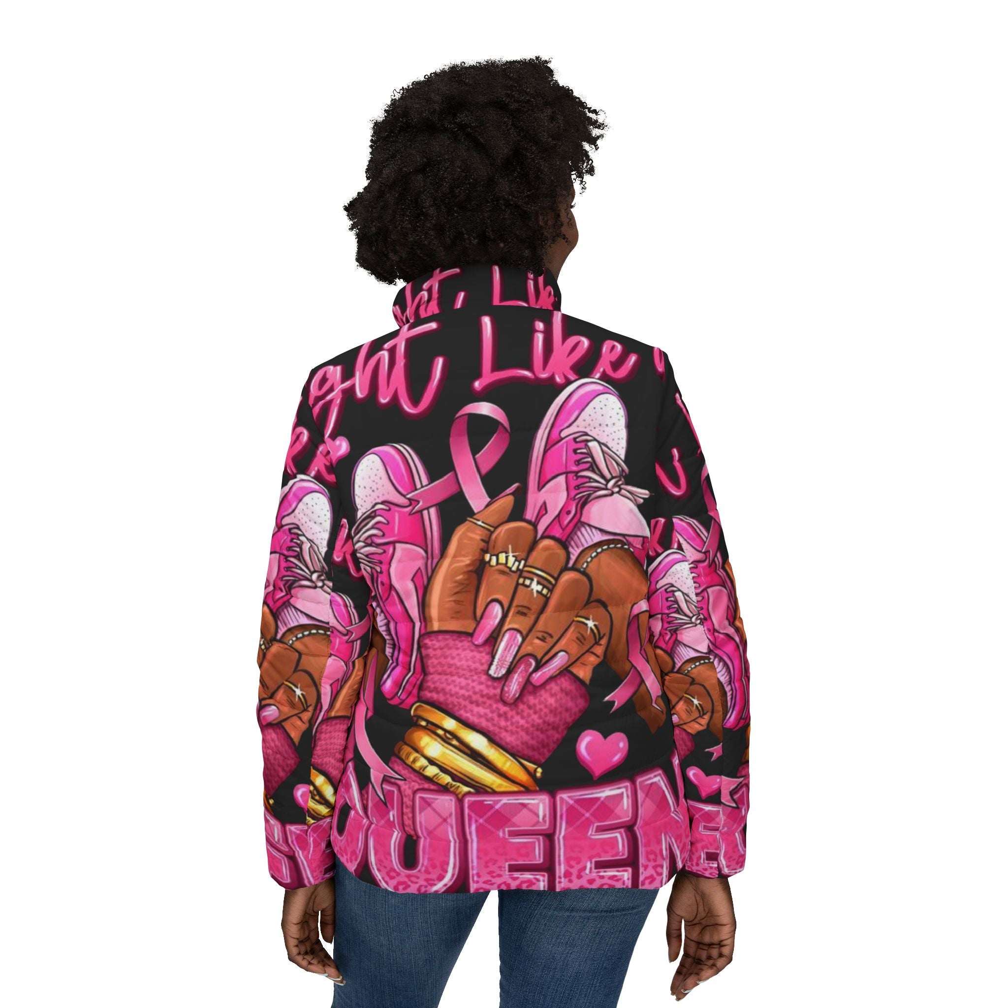 Fight Like a Queen Women’s Puffer Jacket | Fight Like a Queen | Cozy Outerwear for Cancer Awareness, Casual Style, Gift for Strong Women