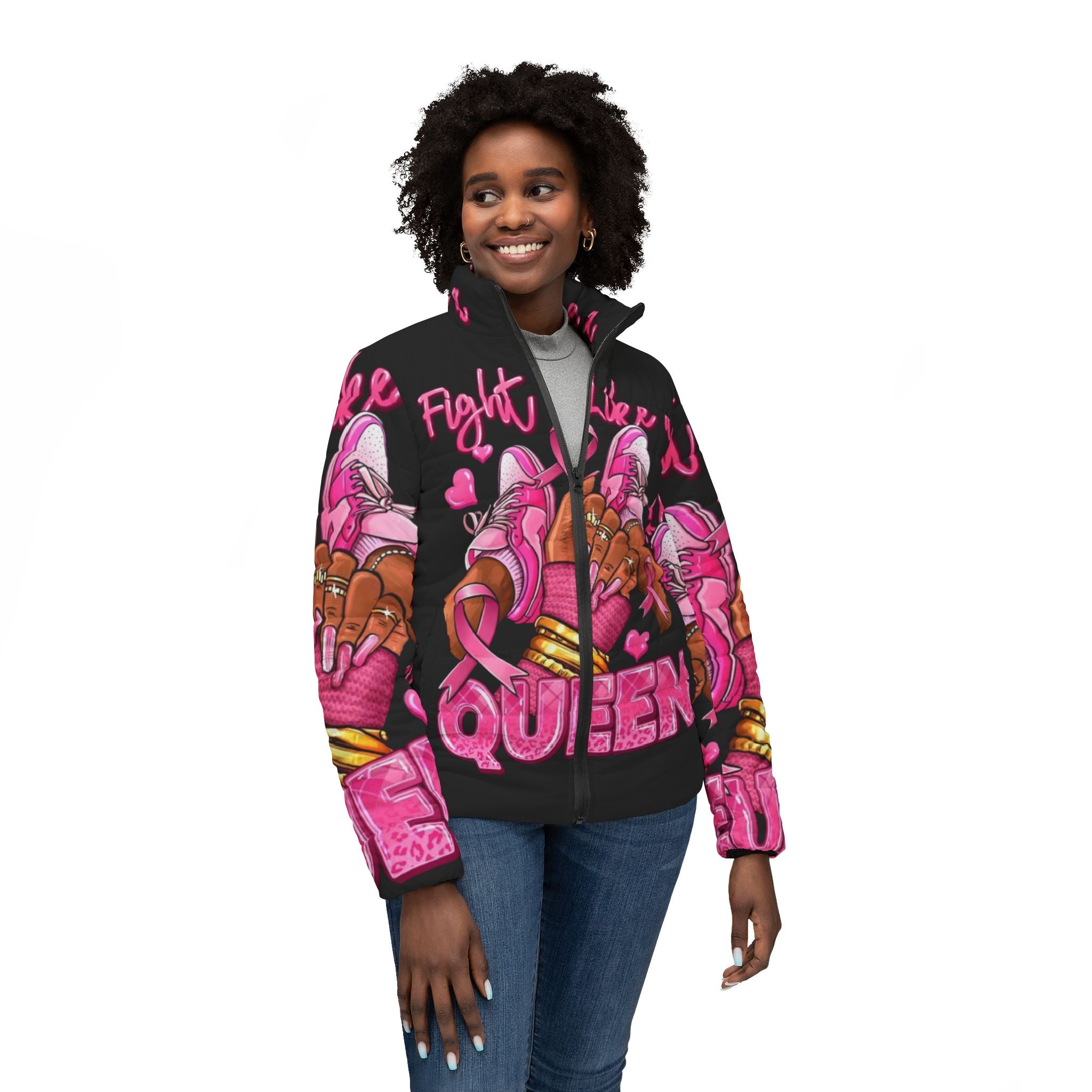 Fight Like a Queen Women’s Puffer Jacket | Fight Like a Queen | Cozy Outerwear for Cancer Awareness, Casual Style, Gift for Strong Women