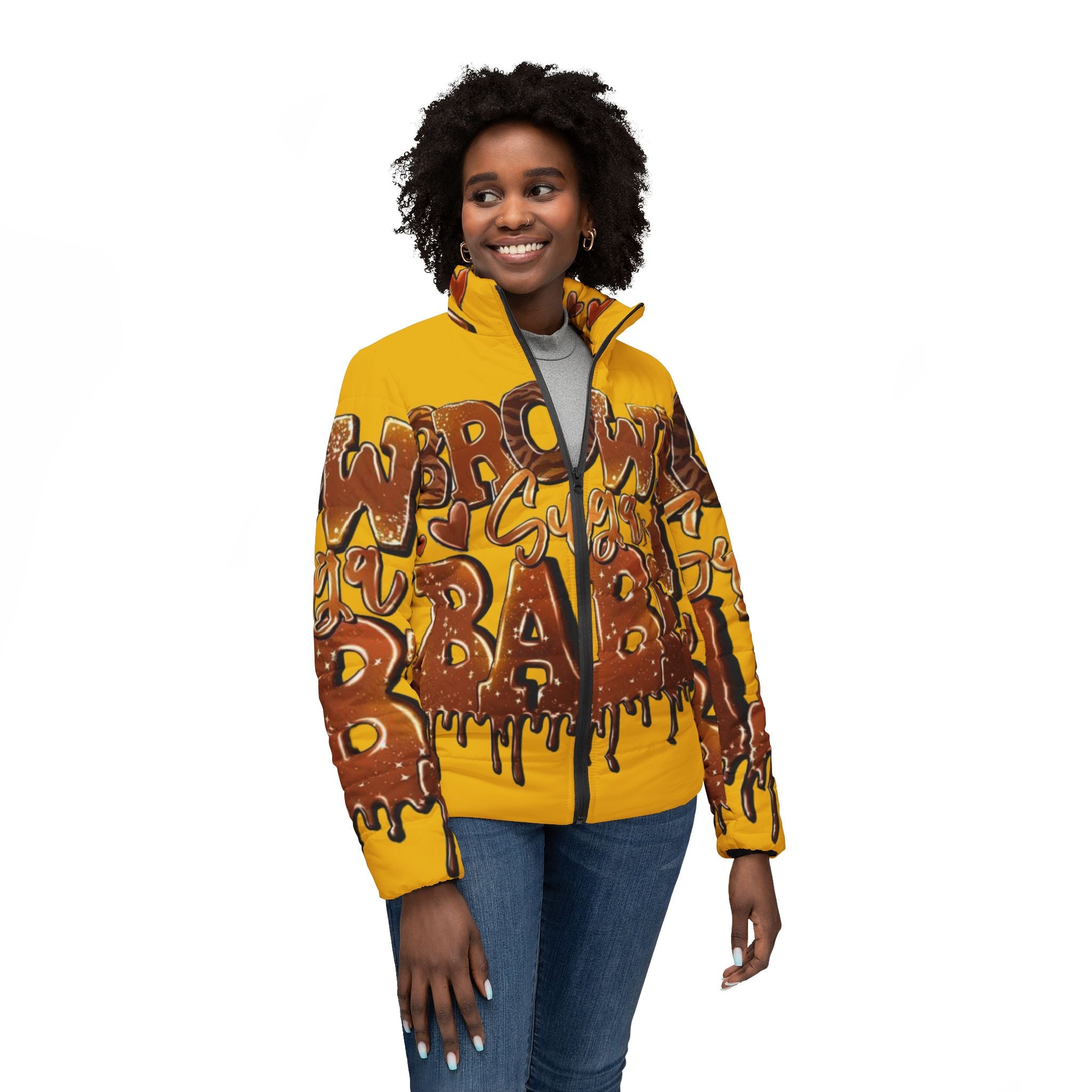 Brown Sugar Babe Graffiti Puffer Jacket, Trendy Outerwear, Urban Fashion Statement, Cozy Winter Layer, Unique Gift for Her