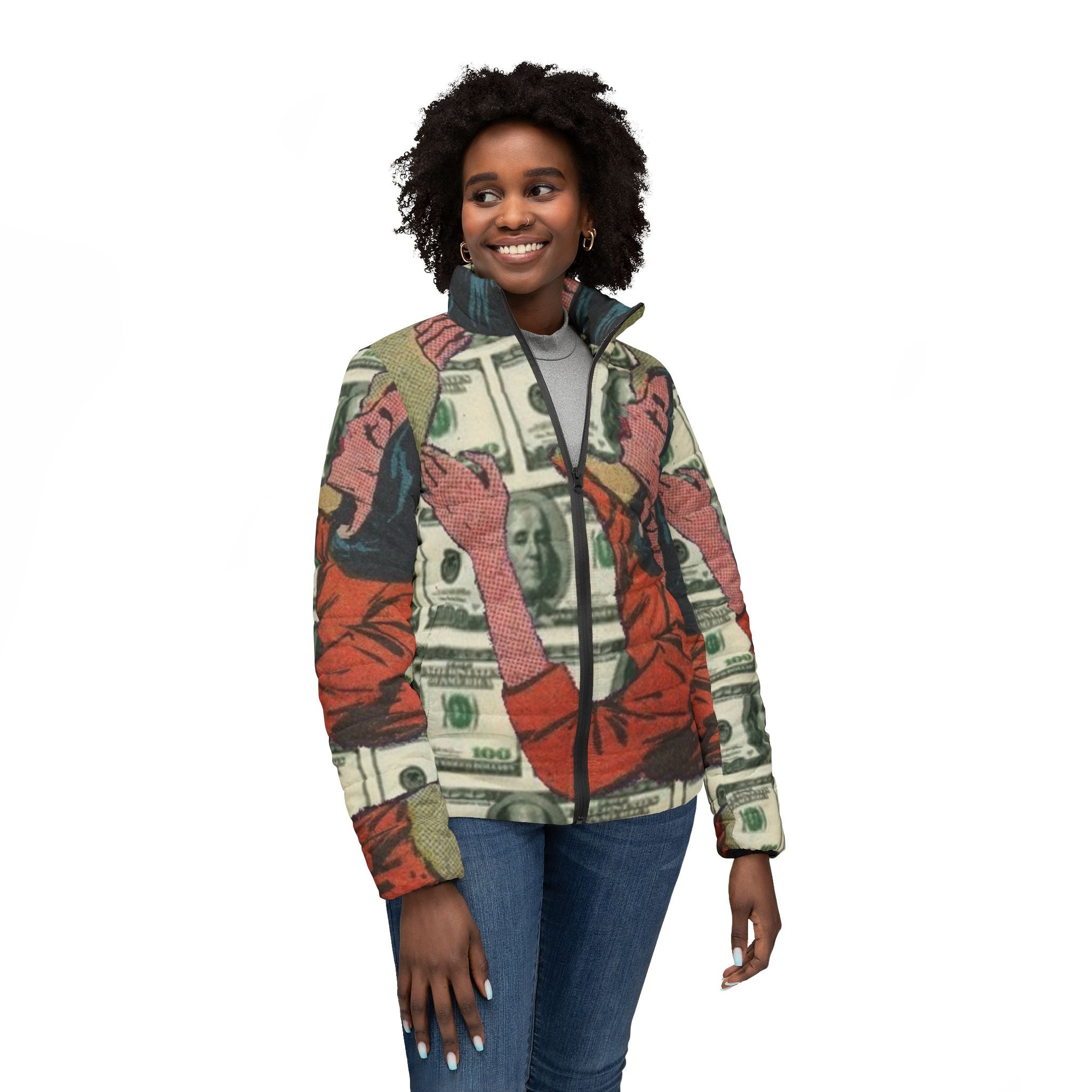 Money Vibes Puffer Jacket, Cozy Fashion, Trendy Winter Wear, Unique Street Style, Gift for Her