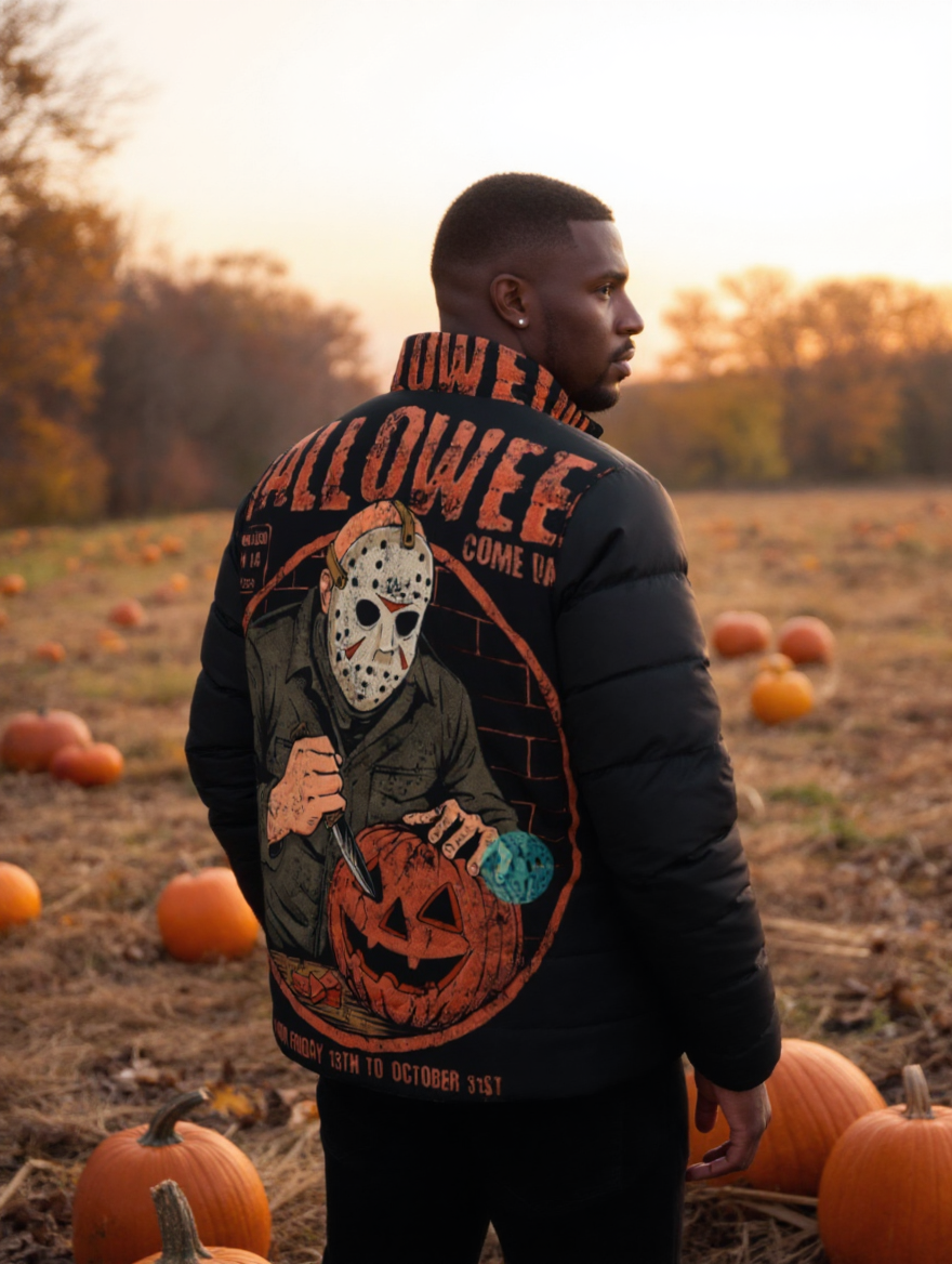 Halloween-Themed Puffer Jacket, Spooky Fashion, Trick or Treat Jacket, Cozy Outerwear for Fall, Unique Gift for Halloween Lovers