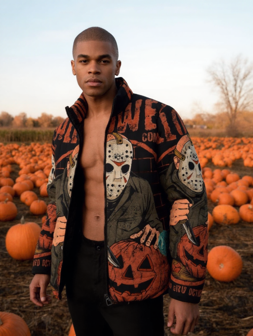 Halloween-Themed Puffer Jacket, Spooky Fashion, Trick or Treat Jacket, Cozy Outerwear for Fall, Unique Gift for Halloween Lovers