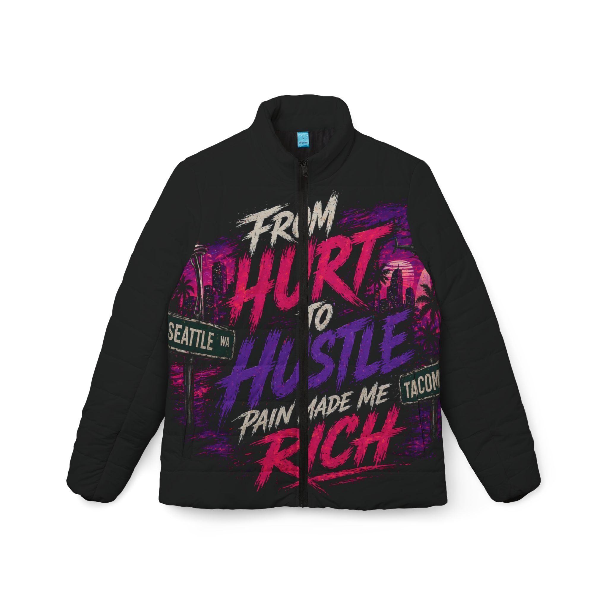Motivational Puffer Jacket — "From Hurt to Hustle: Pain Made Me Rich"