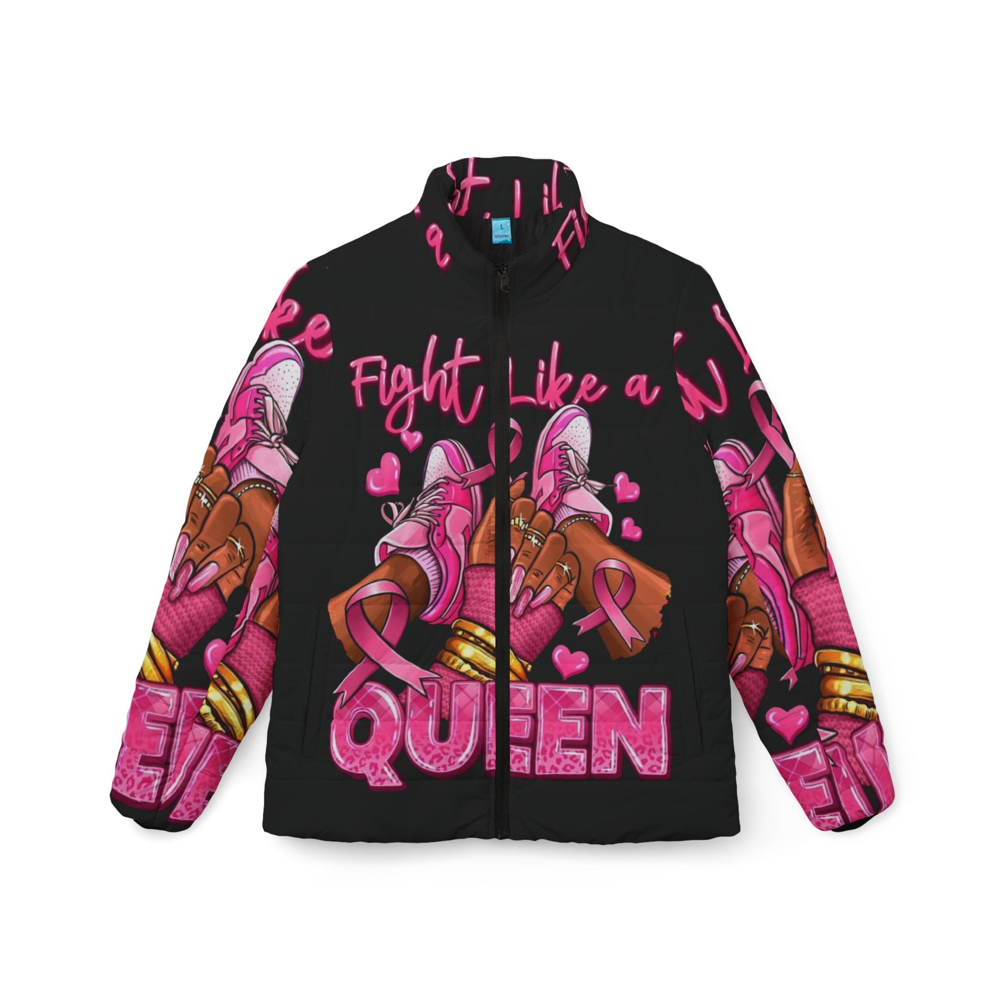 Fight Like a Queen Women’s Puffer Jacket | Fight Like a Queen | Cozy Outerwear for Cancer Awareness, Casual Style, Gift for Strong Women