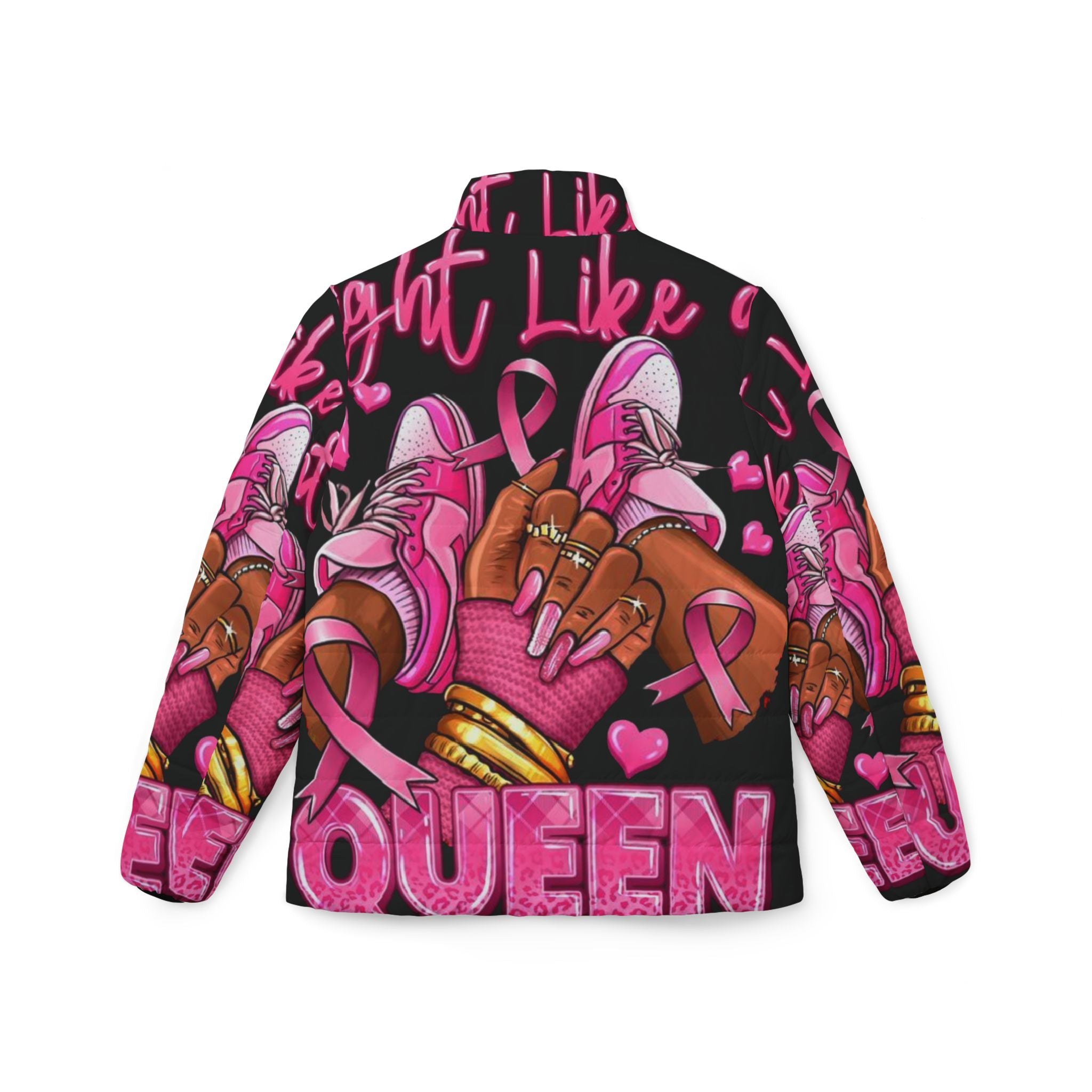 Fight Like a Queen Women’s Puffer Jacket | Fight Like a Queen | Cozy Outerwear for Cancer Awareness, Casual Style, Gift for Strong Women